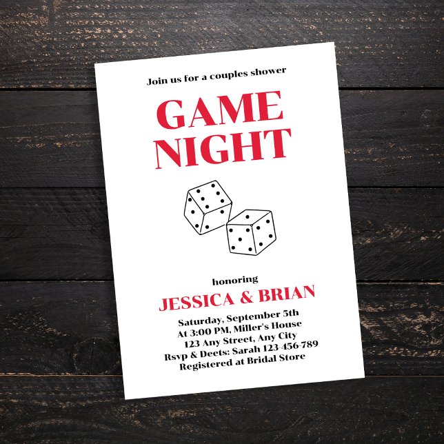 Convite Chá de Casais Desenhados de Dispositivos Noturnos  (Game Night Hand Drawn Dices Couples Shower Invitation)