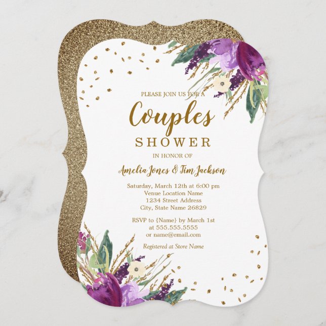 Convite Chá de Casais Dourados de Flor com Aquarela (Frente/Verso)