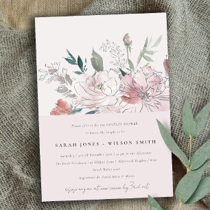 Convite Chá de Casais Florais Chic Dusky Blush Watercolor