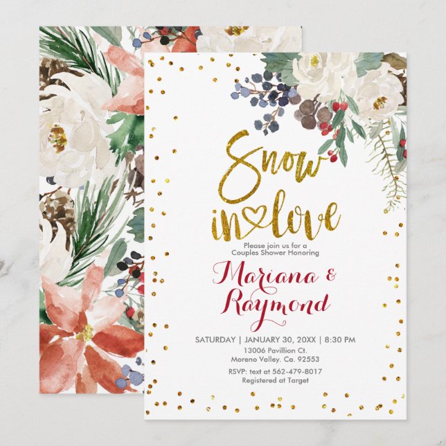 Convite Chá de Casais Florais de Natal Branco (Frente/Verso)