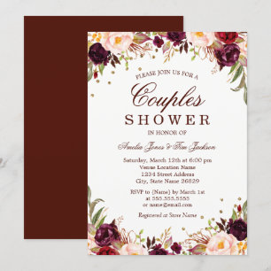 Convite Chá de Casais Florais Elegante Dourado Burgundy