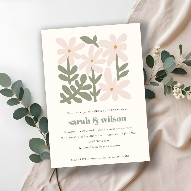 Convite Chá de Casais Florais Mínimos Retro-Blush Disky (Criador carregado)