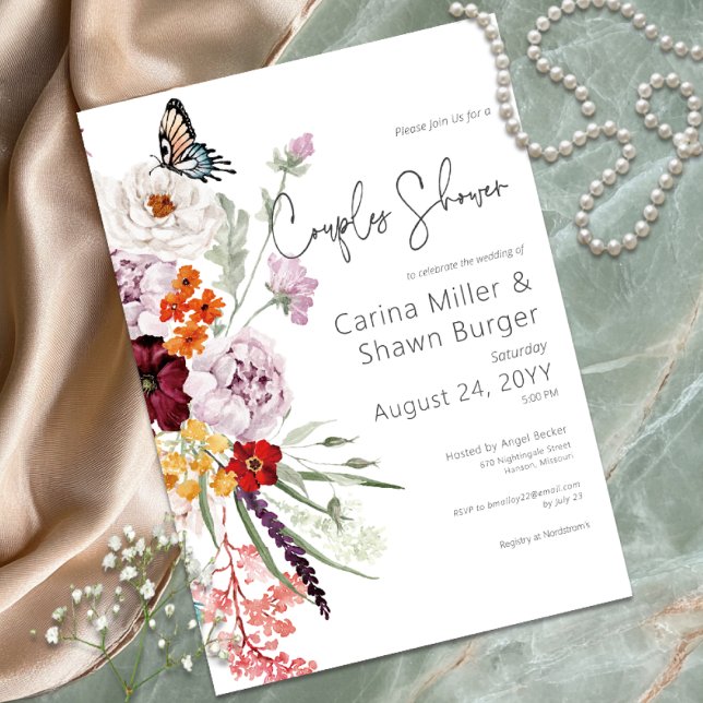 Convite Chá de Casais Florais Pastel & Burgundy Blooms (Pastel & Burgundy Blooms Floral Couples Shower Invitation)