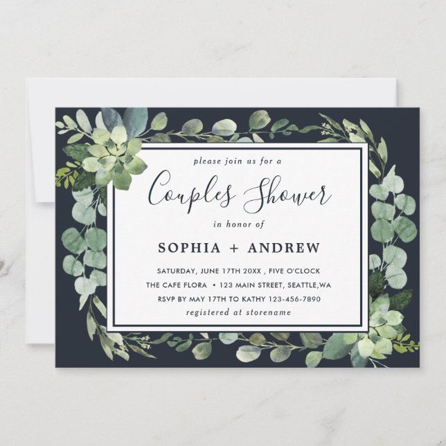 Convite Chá de Casais Marinho Azul com Êxito à Meia-Noite (Frente)