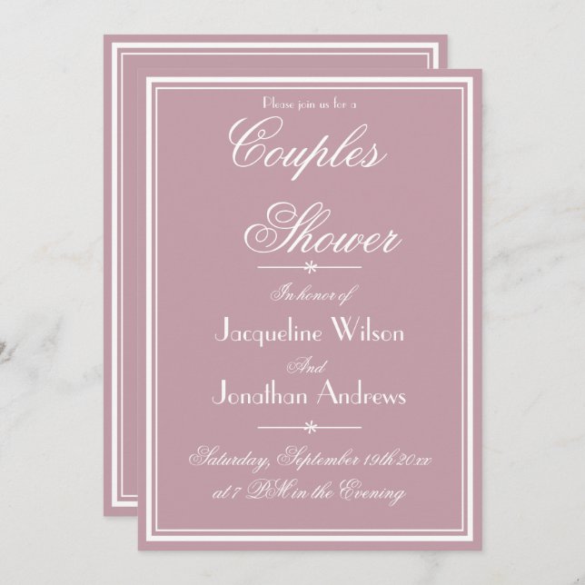 Convite Chá de Casais RSVP de Script Chic Rosa Elegante (Frente/Verso)