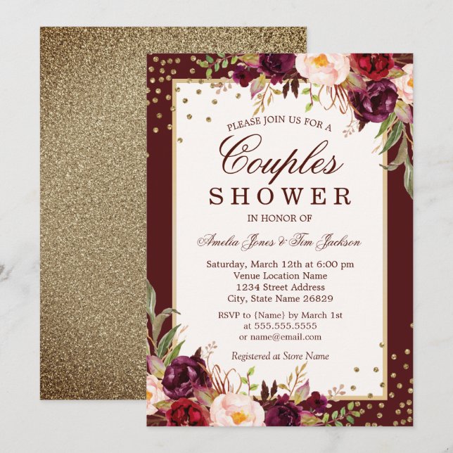 Convite Chá de Casais Sparkle floral Dourado da Borgonha (Frente/Verso)