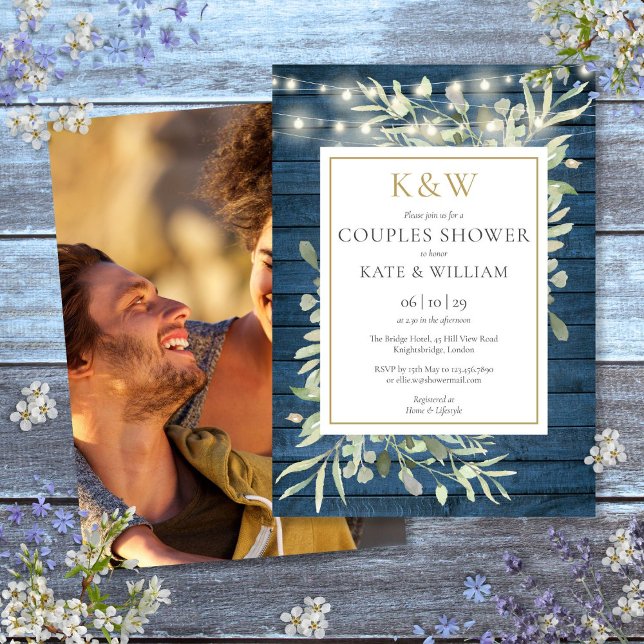 Convite Chá de Casal com Monograma em Dourado Rústico e Fo (Rustic Gold Monogram Greenery Photo Couples Shower Invitation)