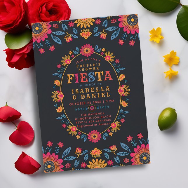 Convite Chá de Casal de Casamento Rancho Mexicano Fiesta C (rancho mexican wedding couple shower invitation fiesta hacienda watercolor flowers elegant jack jill)