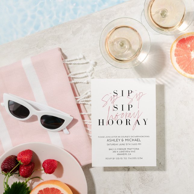 Convite Chá de Casal de fotos branco preto Sip Hooray (Sip Sip Hooray: Toast to Love at Our Modern Couples Shower)