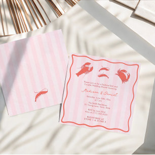 Convite Chá de Casal de Mariscos Vermelho Rosa Desenhado à