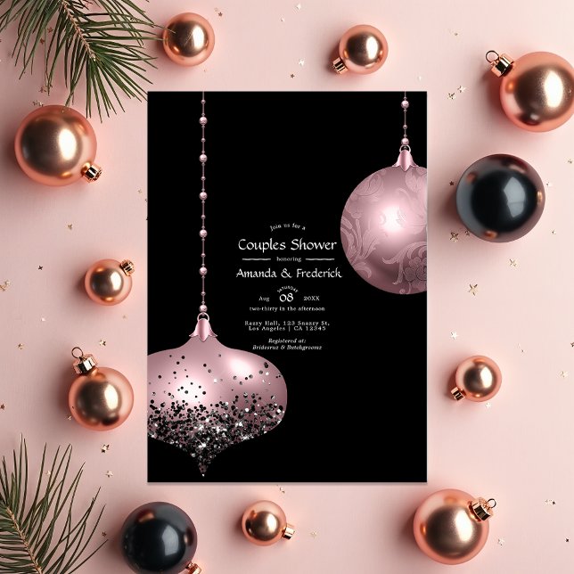Convite Chá de Casal de Natal Rosa e Dourado Rosa (Blush Pink and Rose Gold Christmas Couples Shower Invitation)