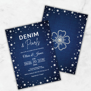 Convite Chá de Casal Elegante em Denim Azul e Pérolas