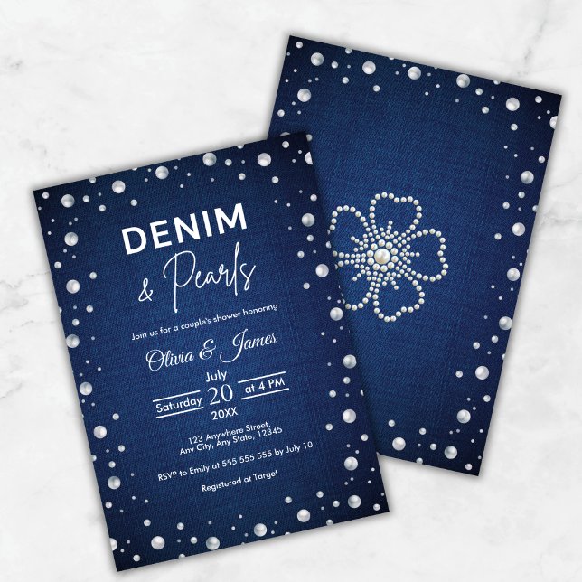 Convite Chá de Casal Elegante em Denim Azul e Pérolas (Elegant Blue Denim and Pearls Couple's Shower Invitation     )