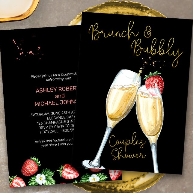 Convite Chá de Casal Espumante de Morango para Brunch (Brunch & Bubbly Champagne and Strawberries Couples Shower Invitation)