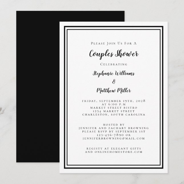 Convite Chá de Casal Festa de Engajamento Chic Preto e Bra (Frente/Verso)