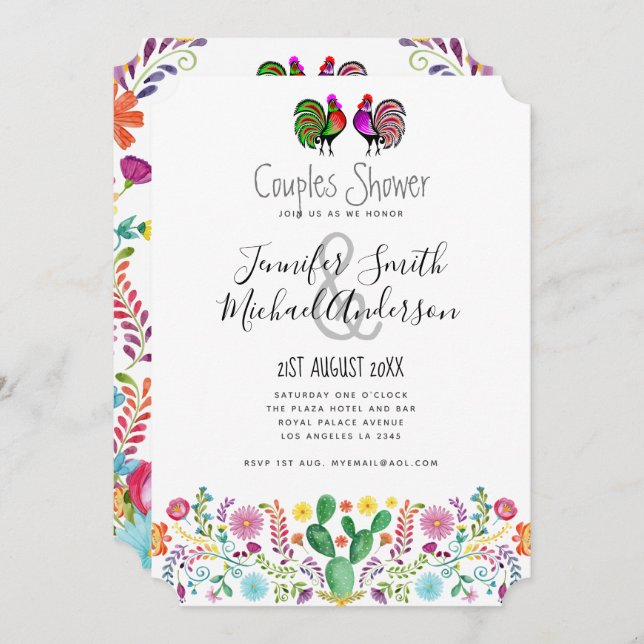 Convite Chá de Casal Fiesta Arte Folclórica Flores (Frente/Verso)