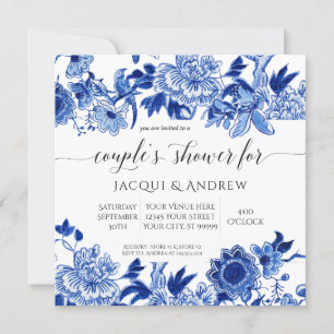 Convite Chá de Casal Floral Azul Claro com Influência Asiá