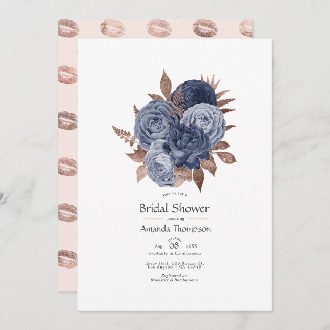 Convite Chá de Casal Floral Azul Poa e Dourado Rosa (Frente/Verso)