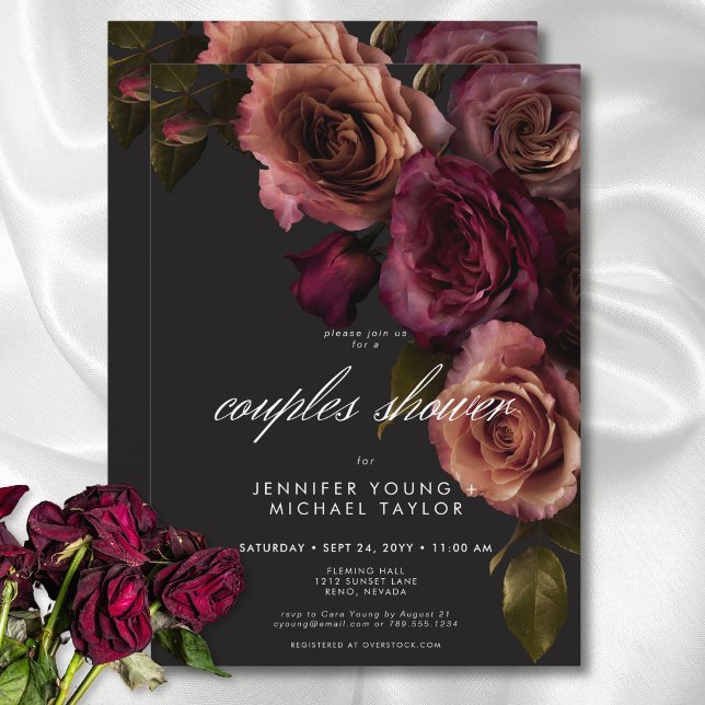 Convite Chá de Casal Floral Elegante Moody Rust e Burgundy (Elegant Moody Rust & Burgundy Floral Couples Shower Invitation)