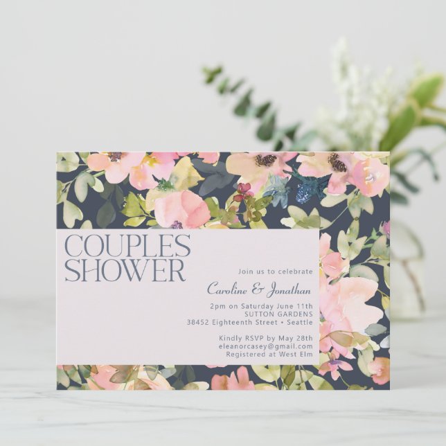 Convite Chá de Casal Floral em Aquarela Azul Naval com Toq (Em pé/Frente)