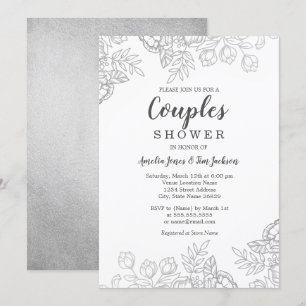 Convite Chá de Casal Floral Vintage Prata Elegante