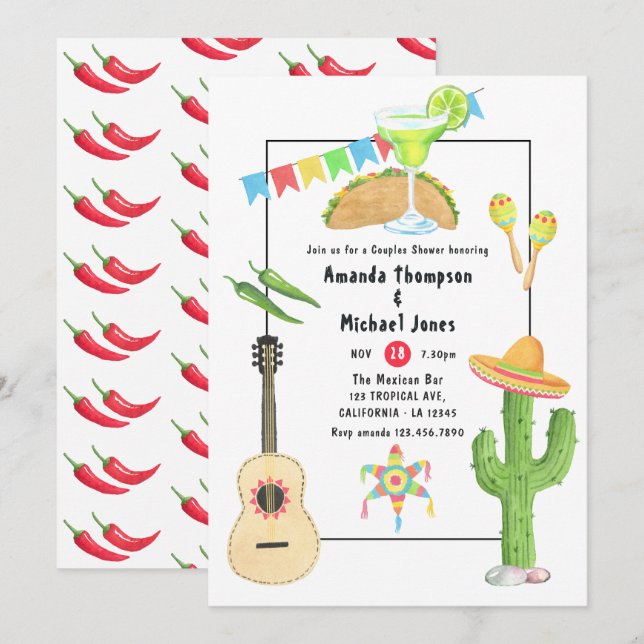 Convite Chá de Casal Templo Mexicano Taco e Tequila (Frente/Verso)