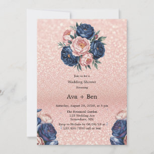Convite Chá de casamento azul e Rosa Dourado Floral