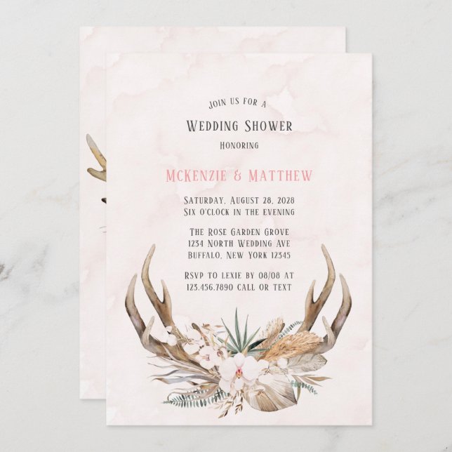 Convite Chá de casamento Boho Deer Antlers e Florals (Frente/Verso)