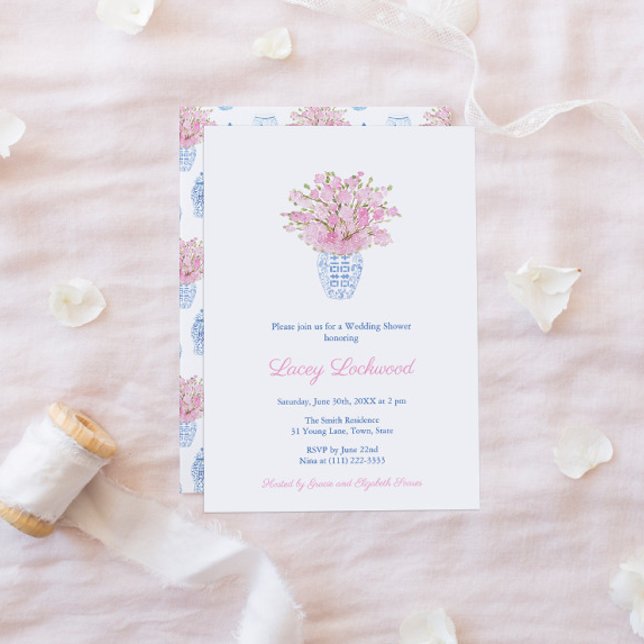 Convite Chá de casamento bonito Pink Blue Chinoiserie (Pretty Pink And Blue Ginger Jar Bridal Or Wedding Shower Invitation)