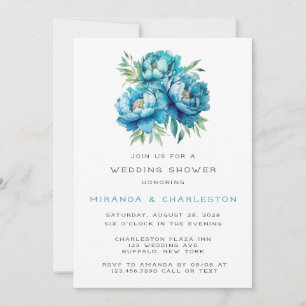 Convite Chá de casamento Chic Teal Blue Peony Flower