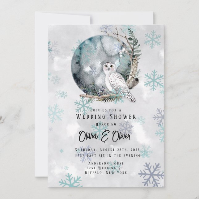 Convite Chá de casamento de Aquarela de Inverno Snow Owl (Frente)