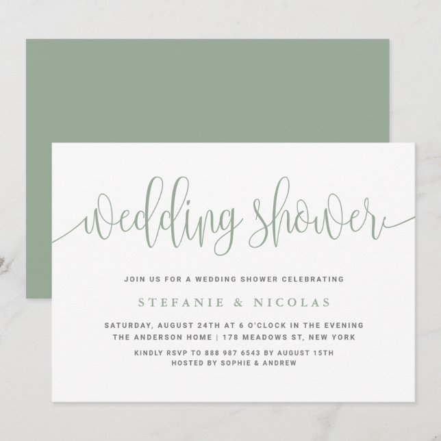 Convite Chá de casamento de Caligrafia Bonito Verde Sage (Frente/Verso)