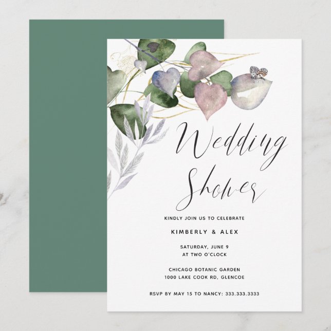 Convite Chá de casamento De Caligrafia Eucalyptus (Frente/Verso)