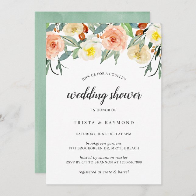 Convite Chá de casamento de Casais Florais Peach Watercolo (Frente/Verso)