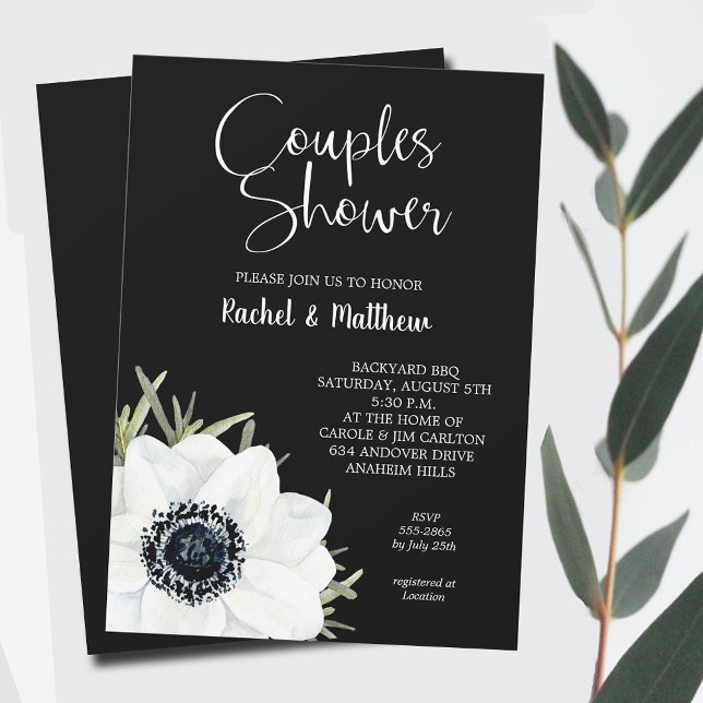 Convite Chá de casamento de Casais Florais Pretos e Branco (Black and White Flowers Couples Wedding  Shower Invitations, INSTANT DOWNLOAD and/or PRINTED)