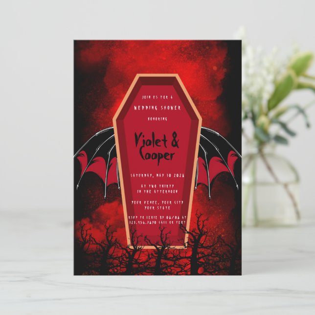 Convite Chá de casamento de Halloween Coffin e Bat Wings (Em pé/Frente)