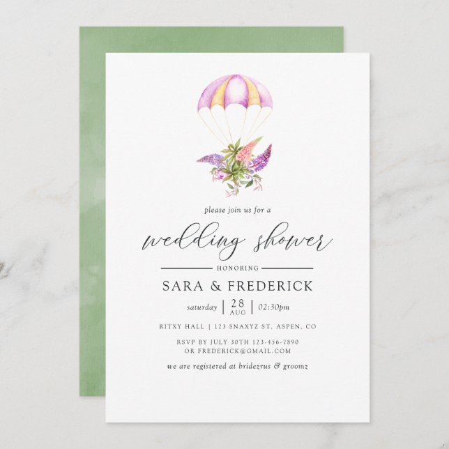 Convite Chá de casamento de Paraquedas com Buquê Floral de (Frente/Verso)