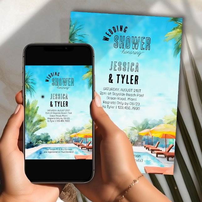 Convite Chá de casamento de Verão, Piscina tropical (Summer wedding shower invitation from the Couples Shower Invitation collection by Darling & May)
