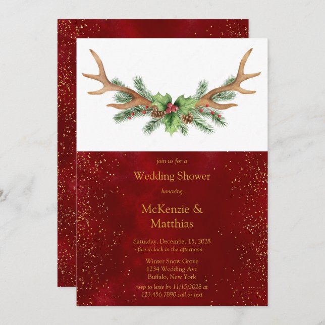 Convite Chá de casamento Dourado de Natal Deer Antler Burg (Frente/Verso)