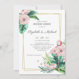 Convite Chá de casamento Flamingo Floral, Rosa Botânico