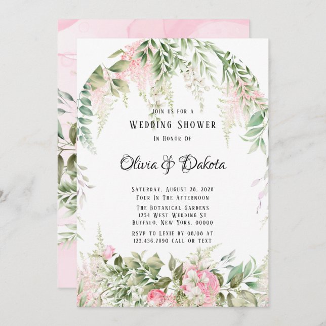 Convite Chá de casamento Floral Chic Botanical Pink Wister (Frente/Verso)