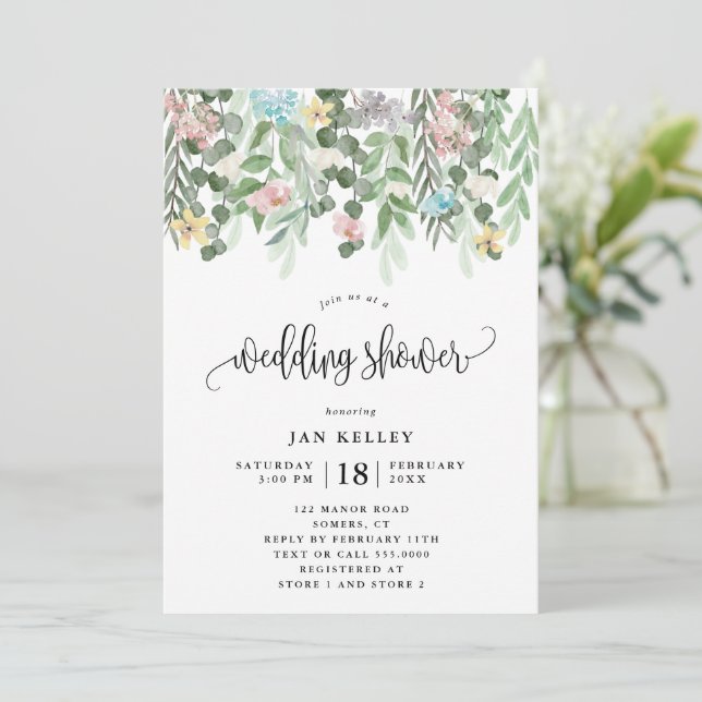 Convite Chá de casamento Floral, Flores De Algodão Aquoso (Em pé/Frente)