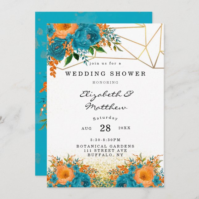 Convite Chá de casamento Floral Pintado com Teal e Laranja (Frente/Verso)