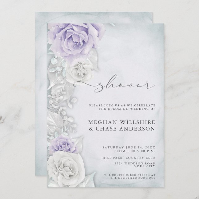 Convite Chá de casamento Lilac e Rosas Brancas Elegante (Frente/Verso)