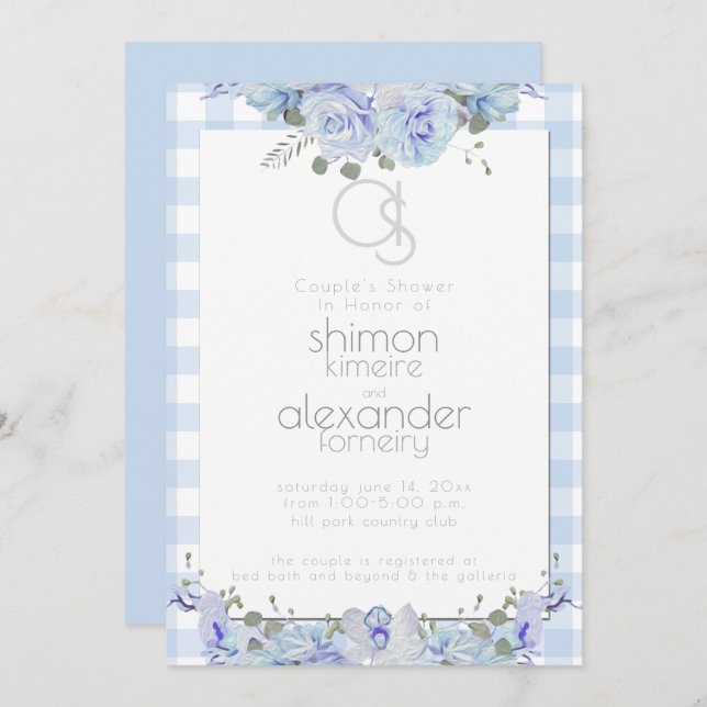 Convite Chá de casamento | Monograma, Azul Floral Pintado (Frente/Verso)