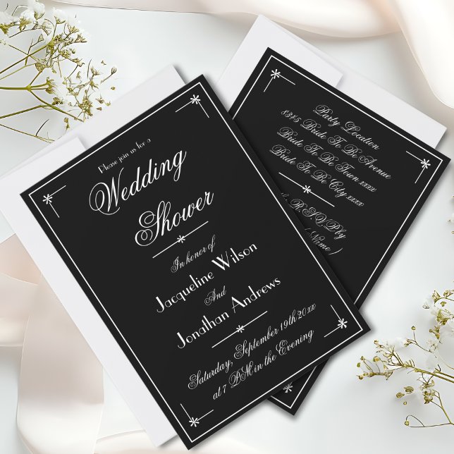 Convite Chá de casamento preto e branco Elegante de Script (Elegant Script, Chic Black & White Invitation for a Wedding Shower.)