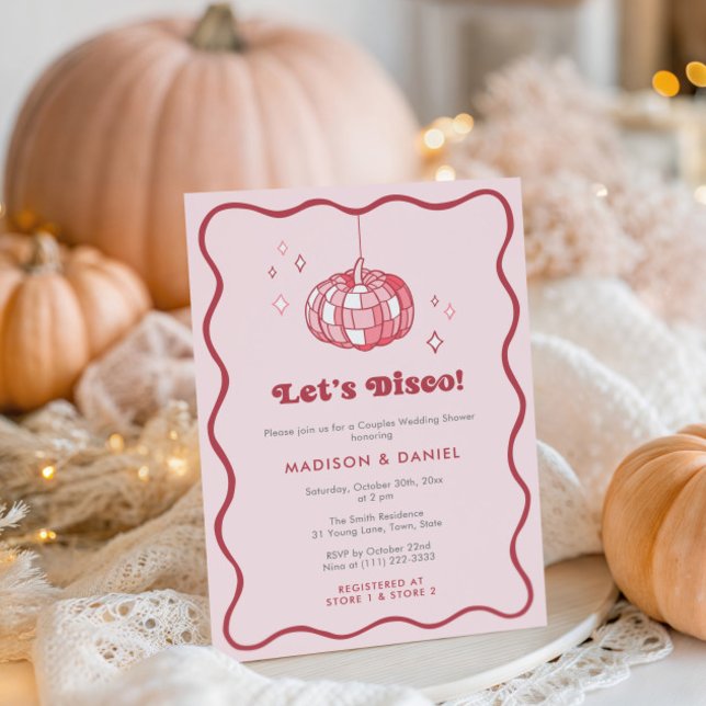 Convite Chá de casamento Rosa de Cereja da Desco Ball Pump (Pink Disco Ball Pumpkin co-ed wedding shower invitation with trendy wavy squiggle border)