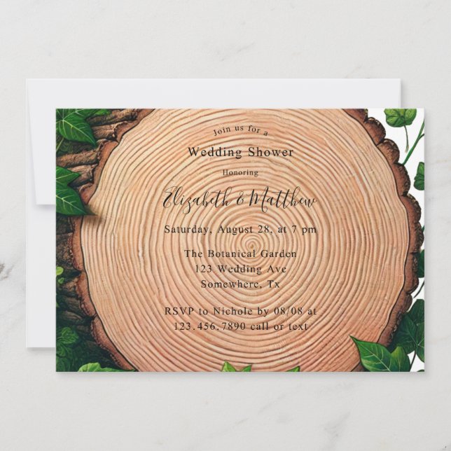 Convite Chá de casamento Rustic Greenery and Wood Slice (Frente)
