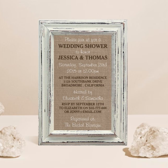 Convite Chá de casamento Rustic White Frame & Burlap (Criador carregado)