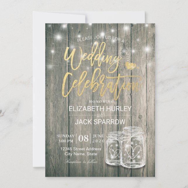 Convite Chá de casamento Rústico Madeira Mason Jar String  (Frente)